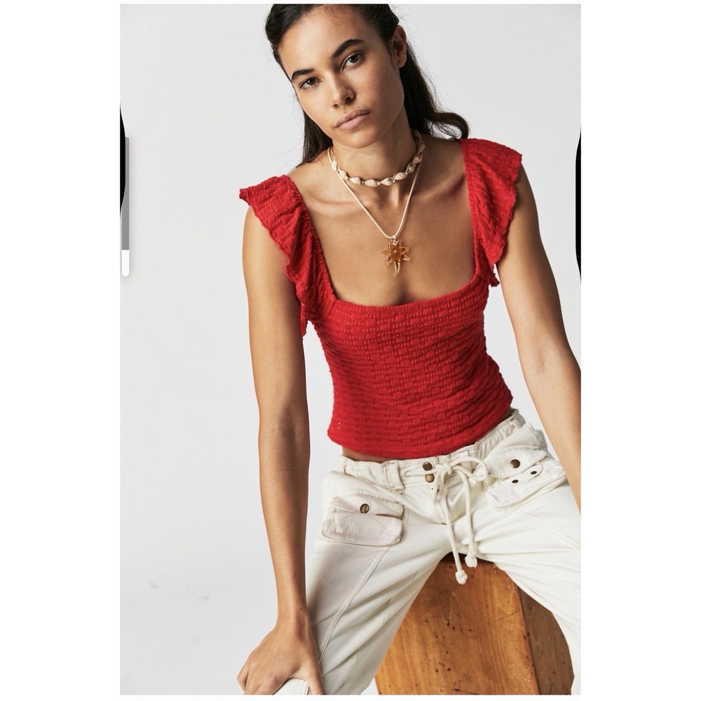Free People Forever Now Top Womens Large Red Square Neck Ruffle Sleeve Smocked